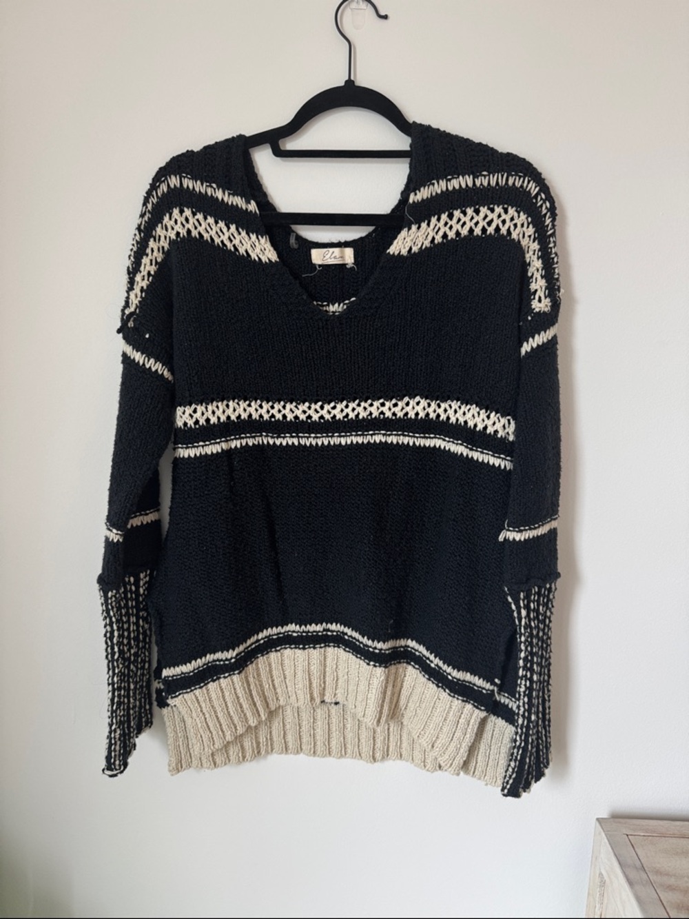 Elan Black & Cream Striped V-Neck Sweater